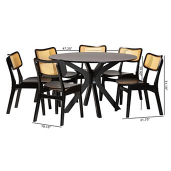 Baxton Studio Linnet 7 pc Dining Set with Round Table and Cane-Back Chairs