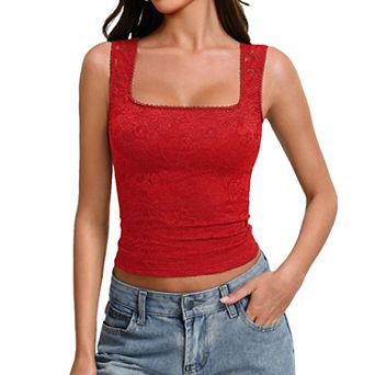 Avidlove Womens Lace Tank Top Square Neck Double Lined Going Out Tops Sleeveless Basic Slim Fit