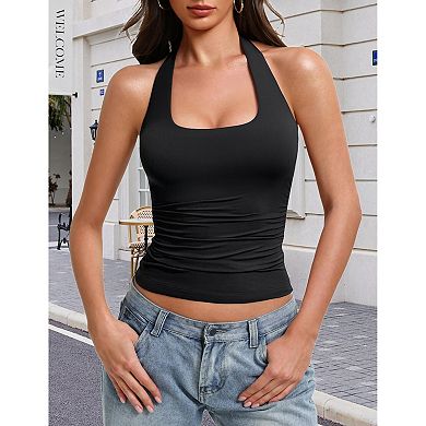Avidlove Women Halter Tank Tops Backless Ruched Fitted Double Lined Going Out Top Summer