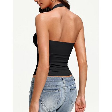 Avidlove Women Halter Tank Tops Backless Ruched Fitted Double Lined Going Out Top Summer