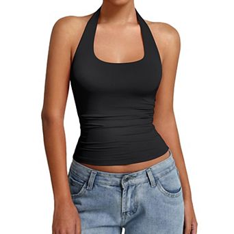 Avidlove Women Halter Tank Tops Backless Ruched Fitted Double Lined Going Out Top Summer