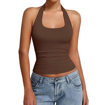Avidlove Women Halter Tank Tops Backless Ruched Fitted Double Lined Going Out Top Summer