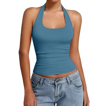 Avidlove Women Halter Tank Tops Backless Ruched Fitted Double Lined Going Out Top Summer