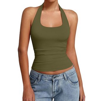 Avidlove Women Halter Tank Tops Backless Ruched Fitted Double Lined Going Out Top Summer