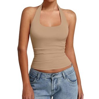 Avidlove Women Halter Tank Tops Backless Ruched Fitted Double Lined Going Out Top Summer
