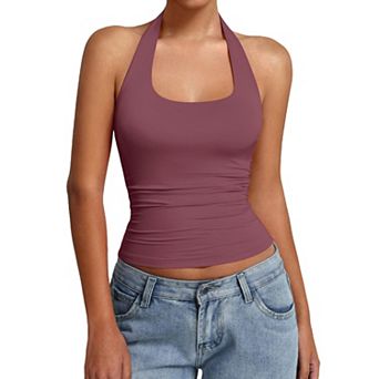 Avidlove Women Halter Tank Tops Backless Ruched Fitted Double Lined Going Out Top Summer