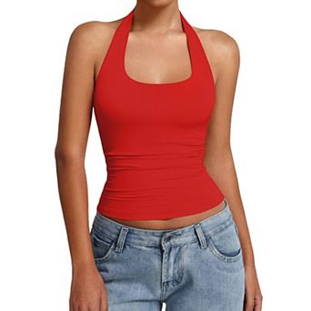 Avidlove Women Halter Tank Tops Backless Ruched Fitted Double Lined Going Out Top Summer