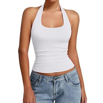 Avidlove Women Halter Tank Tops Backless Ruched Fitted Double Lined Going Out Top Summer