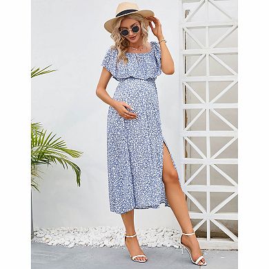 Off-Shoulder Floral Maternity Midi Dress
