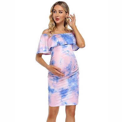 Off-Shoulder Tie-Dye Maternity Midi Dress