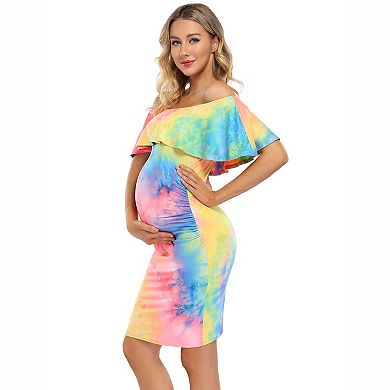 Off-Shoulder Tie-Dye Maternity Midi Dress