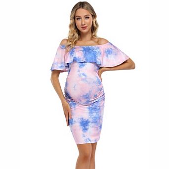 Off-Shoulder Tie-Dye Maternity Midi Dress