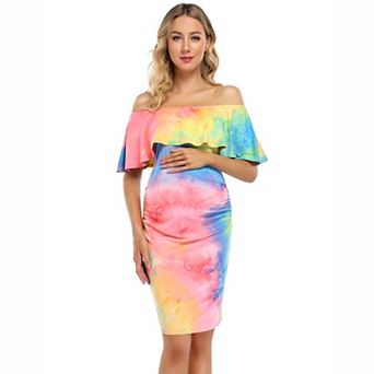 Off-Shoulder Tie-Dye Maternity Midi Dress
