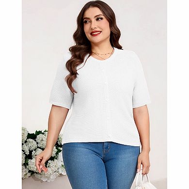 Women's Plus Size Short Sleeve Button-Front Knit Cardigan