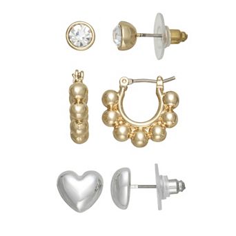 Nine West 3-Pair Alloy Polished Heart Earring Set