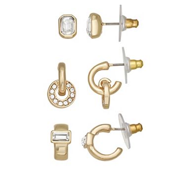 Nine West 3-Pair Gold-Tone Polished Crystal Post Earring Set