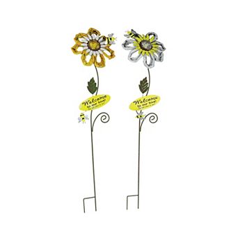 Set of 2 White Yellow Honey Bee Sunflower Garden Stake Welcome Sign Yard Decor