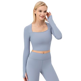 Womens Square Neck Long Sleeve Sports Crop Tops Workout Yoga Basic Going Out Tight Shirts