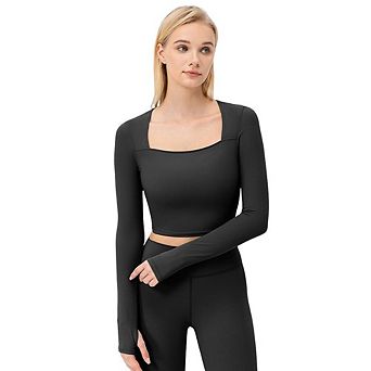 Womens Square Neck Long Sleeve Sports Crop Tops Workout Athletic Running Going Out Tight Shirts