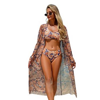 Womens 3 pc Bikini Swimsuit Sets Floral Print Bra Self Tie Bottom Open Front Cardigan Cover Up
