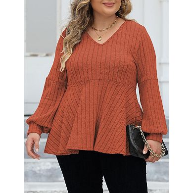 Women's Plus Size V-Neck Long Sleeve T-Shirt Top Soft Sweater