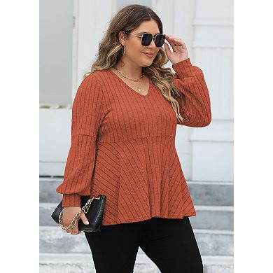 Women's Plus Size V-Neck Long Sleeve T-Shirt Top Soft Sweater