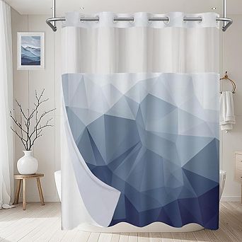 No Hook Geometric Shower Curtain with Snap-In Liner & Mesh Window Design