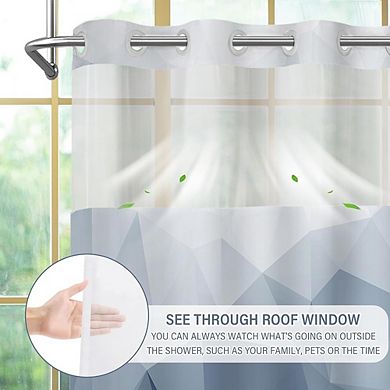 No Hook Geometric Shower Curtain with Snap-In Liner & Mesh Window Design
