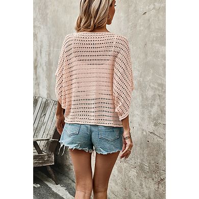 Women's Crew Neck Batwing Sleeve Hollow Out Loose Knit Pullover Cover Up