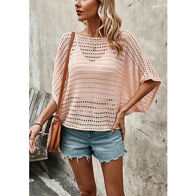 Women's Crew Neck Batwing Sleeve Hollow Out Loose Knit Pullover Cover Up
