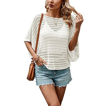 Women's Crew Neck Batwing Sleeve Hollow Out Loose Knit Pullover Cover Up