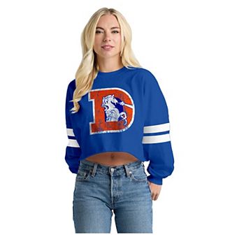 Women's Spirit Jersey Navy Denver Broncos Oversized Cropped Stripe Long Sleeve T-Shirt