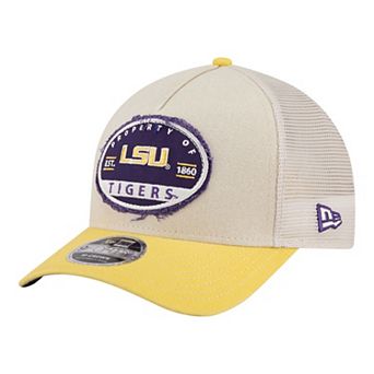 Men's New Era Stone/Gold LSU Tigers Frayed Patch 9FORTY M-Crown A-Frame Trucker Adjustable Hat