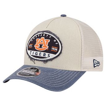 Men's New Era Stone/Navy Auburn Tigers Frayed Patch 9FORTY M-Crown A-Frame Trucker Adjustable Hat
