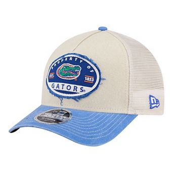 Men's New Era Stone/Royal Florida Gators Frayed Patch 9FORTY M-Crown A-Frame Trucker Adjustable Hat