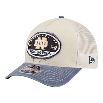 Men's New Era Stone/Navy Notre Dame Fighting Irish Frayed Patch 9FORTY M-Crown A-Frame Trucker Adjustable Hat
