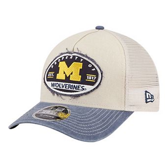 Men's New Era Stone/Navy Michigan Wolverines Frayed Patch 9FORTY M-Crown A-Frame Trucker Adjustable Hat