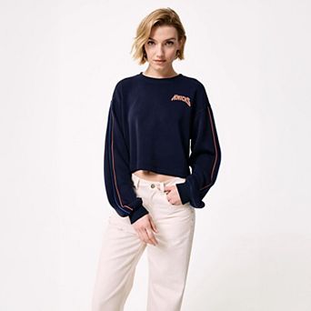 Women's Terez Navy New York Knicks Piping Cropped Crewneck Sweatshirt