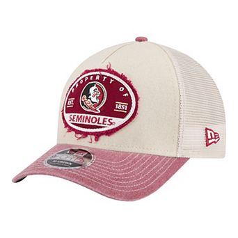 Men's New Era Stone/Garnet Florida State Seminoles Frayed Patch 9FORTY M-Crown A-Frame Trucker Adjustable Hat