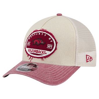 Men's New Era Stone/Cardinal Arkansas Razorbacks Frayed Patch 9FORTY M-Crown A-Frame Trucker Adjustable Hat