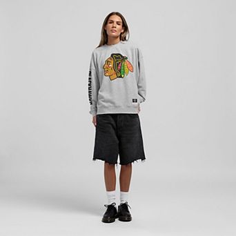 Women's Mitchell & Ness Heather Gray Chicago Blackhawks Core 3-Hit Oversized Sweatshirt
