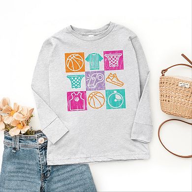 Basketball Checkered Icons - Youth Long Sleeve Graphic T-Shirt