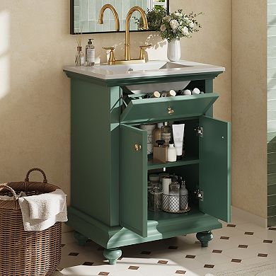 Merax 24" Modern Bathroom Vanity with Soft-Close Tip-Out Drawer, French Elegance Ball-Turned Legs