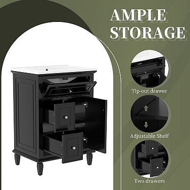 Merax 24" Bathroom Vanity with Sink Flip Drawer, 2 Drawers & Adjustable Shelf
