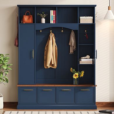 Merax 4-in-1 Farmhouse Hall Tree: 76.7" Entryway Bench with Adjustable Shelves, Golden Hooks