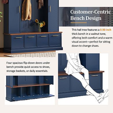 Merax 4-in-1 Farmhouse Hall Tree: 76.7" Entryway Bench with Adjustable Shelves, Golden Hooks