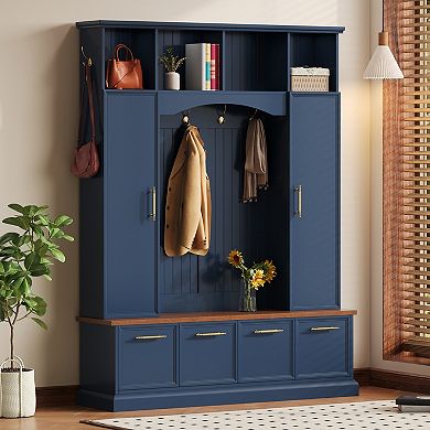Merax 4-in-1 Farmhouse Hall Tree: 76.7" Entryway Bench with Adjustable Shelves, Golden Hooks