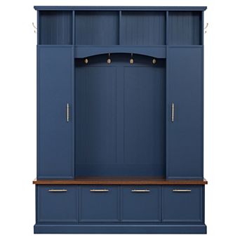 Merax 4-in-1 Farmhouse Hall Tree: 76.7" Entryway Bench with Adjustable Shelves, Golden Hooks
