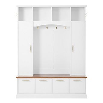 Merax 4-in-1 Farmhouse Hall Tree: 76.7" Entryway Bench with Adjustable Shelves, Golden Hooks