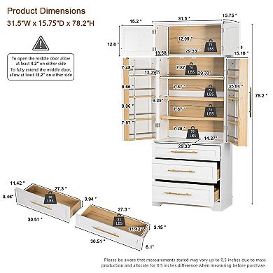 Merax 78.2" Farmhouse Pantry Cabinet with 8 Doors, 3 Adjustable Shelves & 3 Drawers